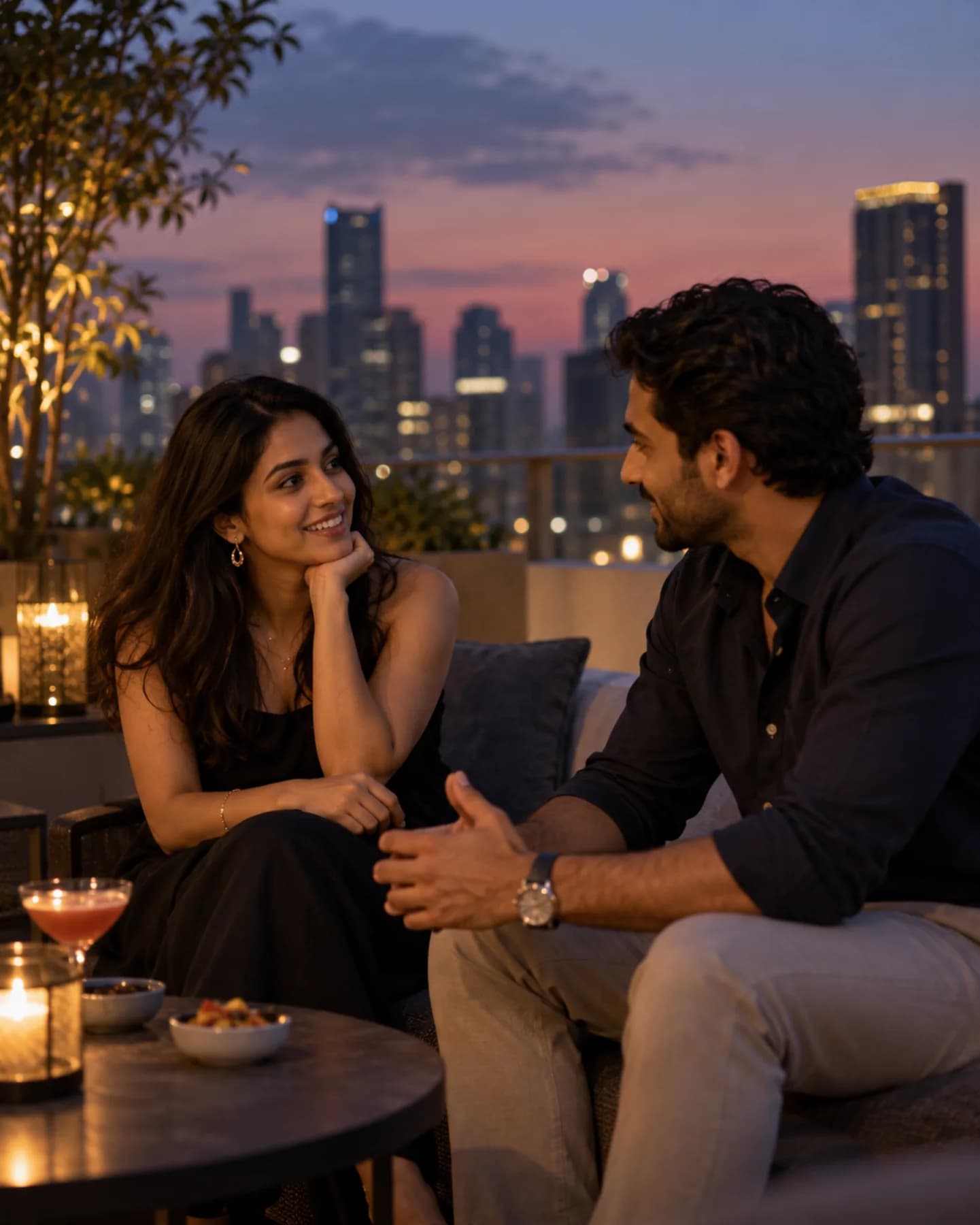 Illustrative photograph of two Indian adults talking on a rooftop terrace